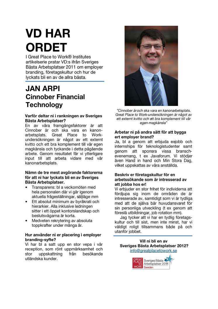 VD har ordet! JAN ARPI - Cinnober Financial Technology