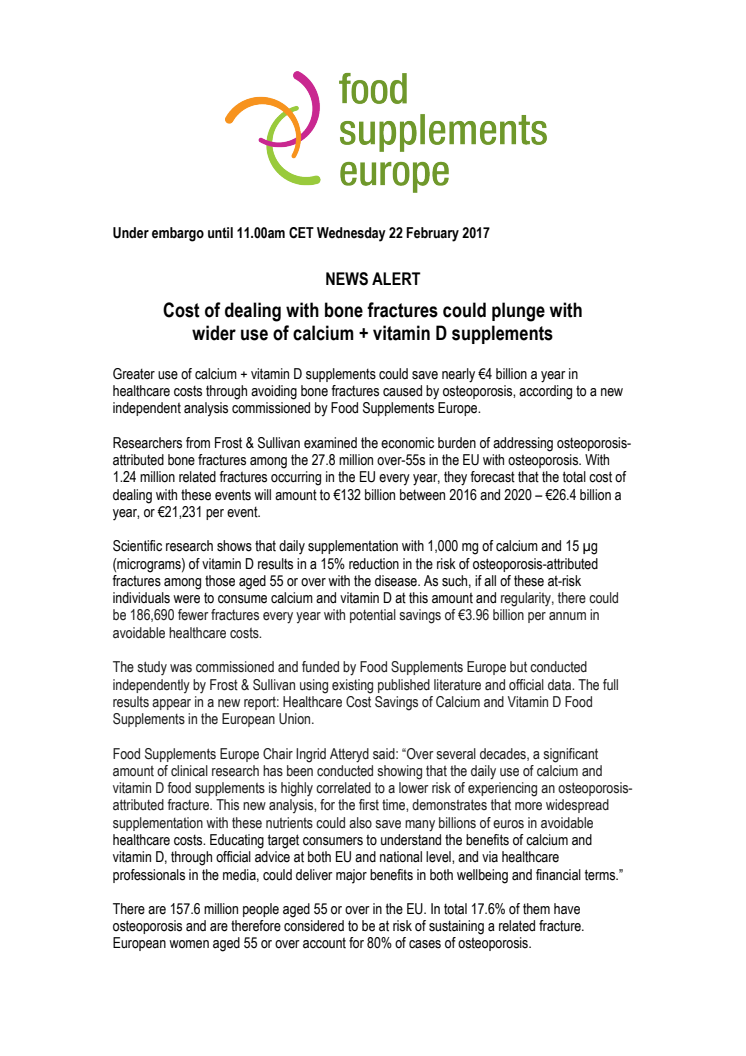 Cost of dealing with bone fractures could plunge with  wider use of calcium + vitamin D supplements 