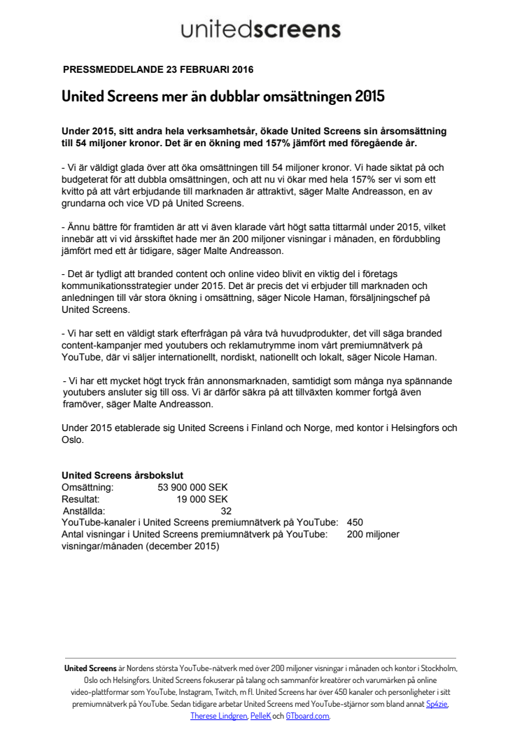 United Screens mer än dubblar omsättningen 2015 