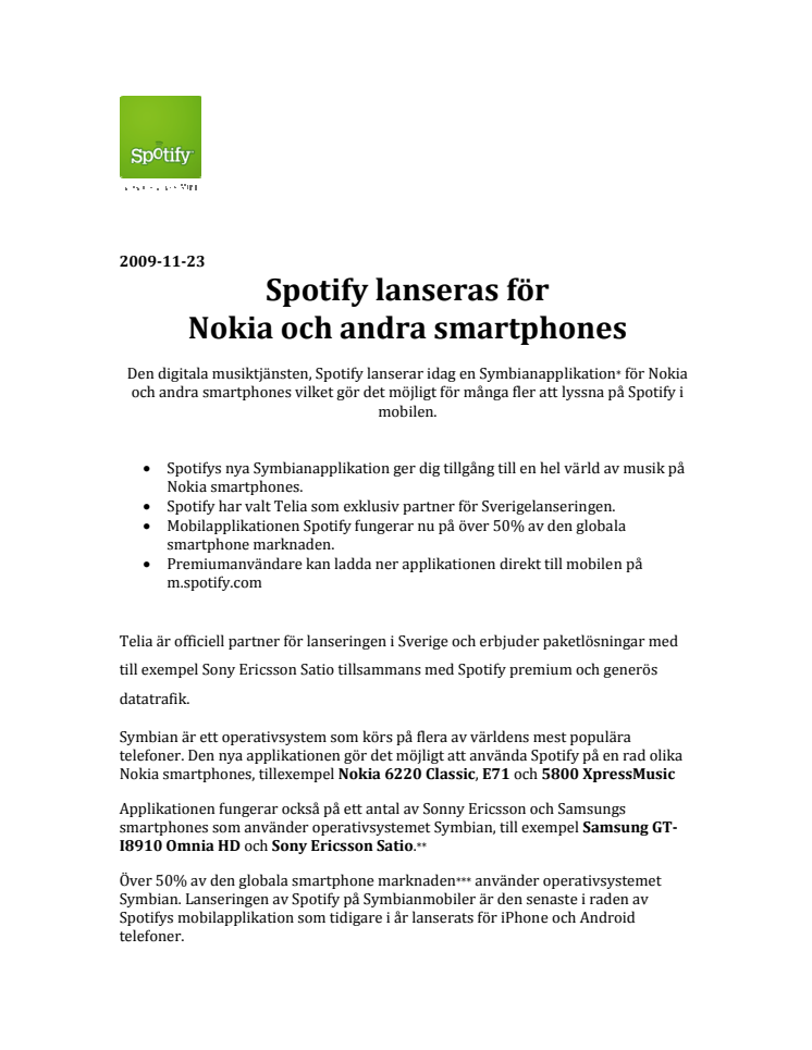 Spotify lanseras för Nokia och andra smartphones