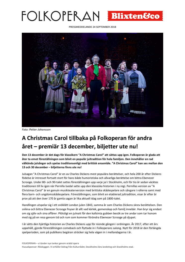 A Christmas Carol tillbaka på Folkoperan för andra året – premiär 13 december, biljetter ute nu!