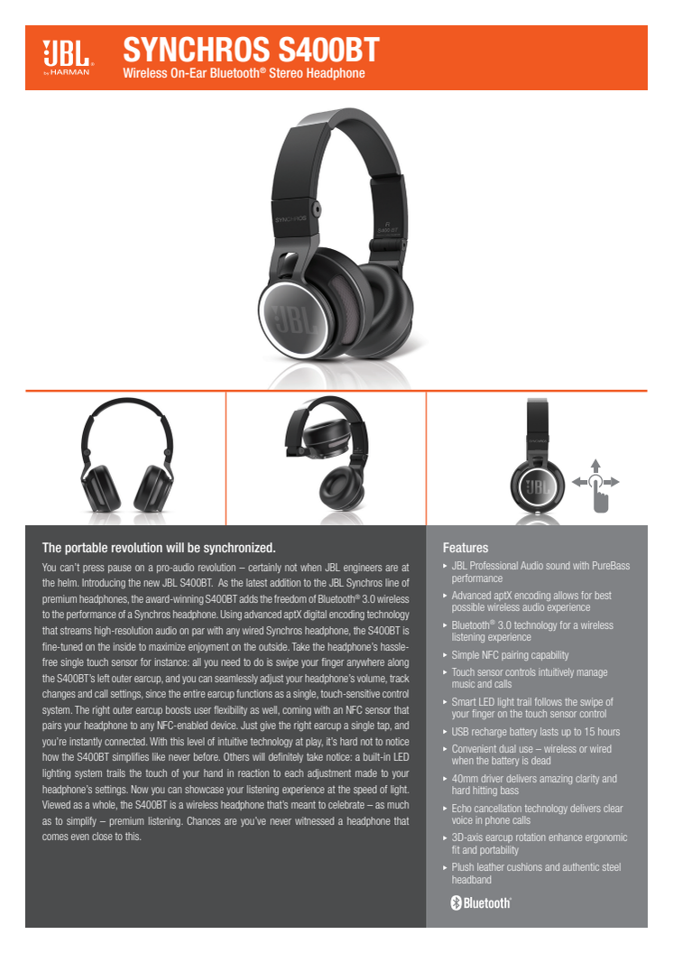 Specification Sheet - JBL SYNCHROS S400BT