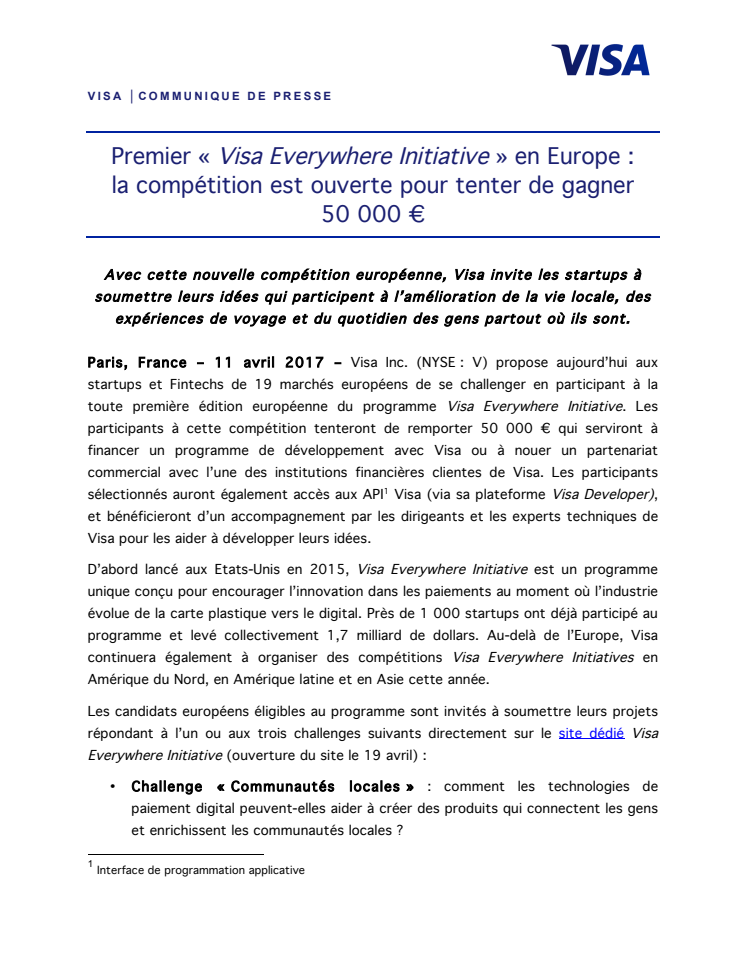 Premier « Visa Everywhere Initiative » en Europe :  la compétition est ouverte pour tenter de gagner  50 000 €