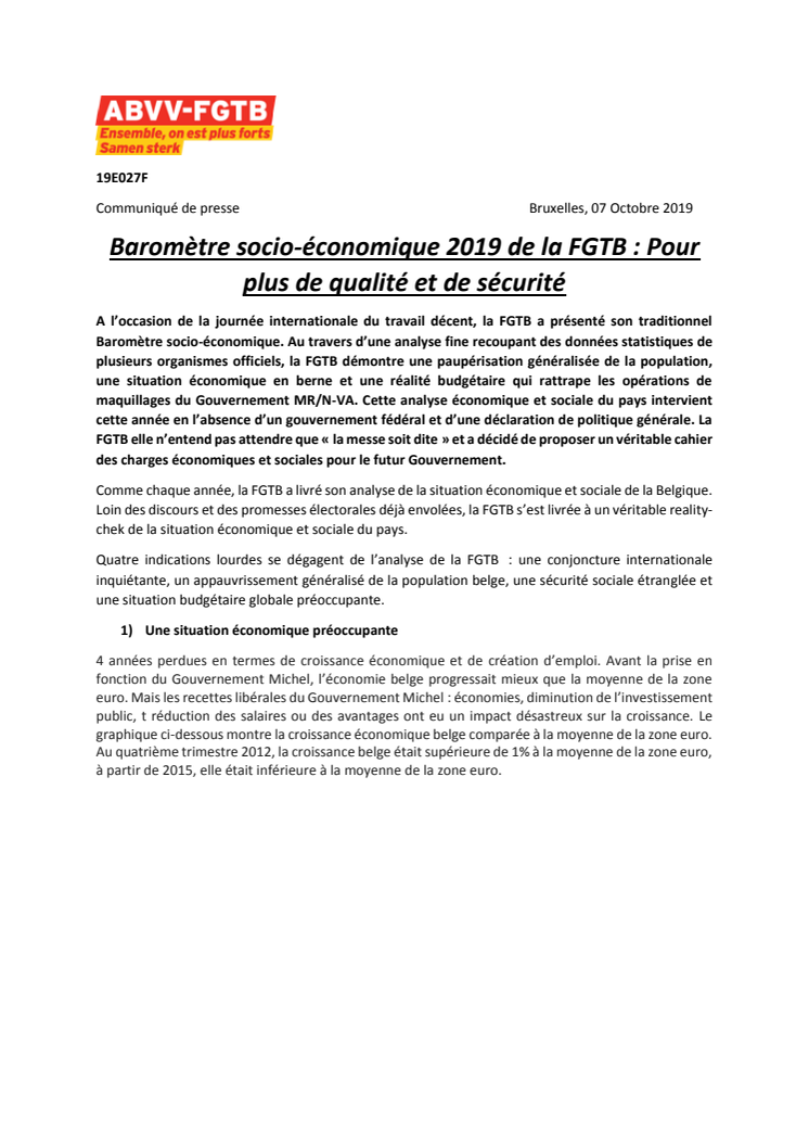 Baromètre socio-économique 2019 de la FGTB : Pour plus de qualité et de sécurité 