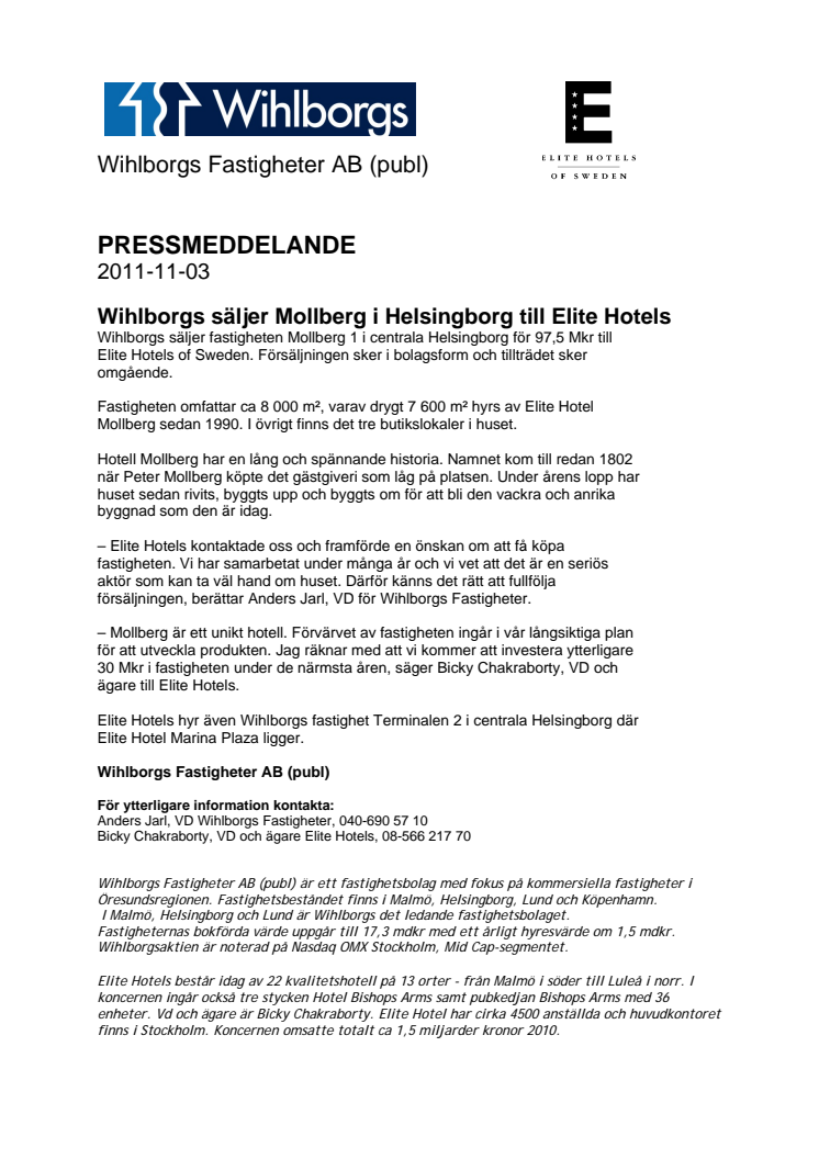 Wihlborgs säljer Mollberg i Helsingborg till Elite Hotels