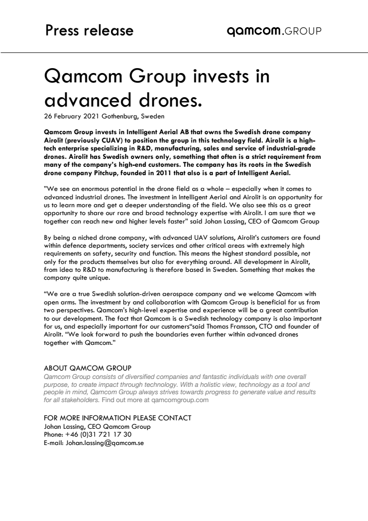 Qamcom Group invests in advanced drones