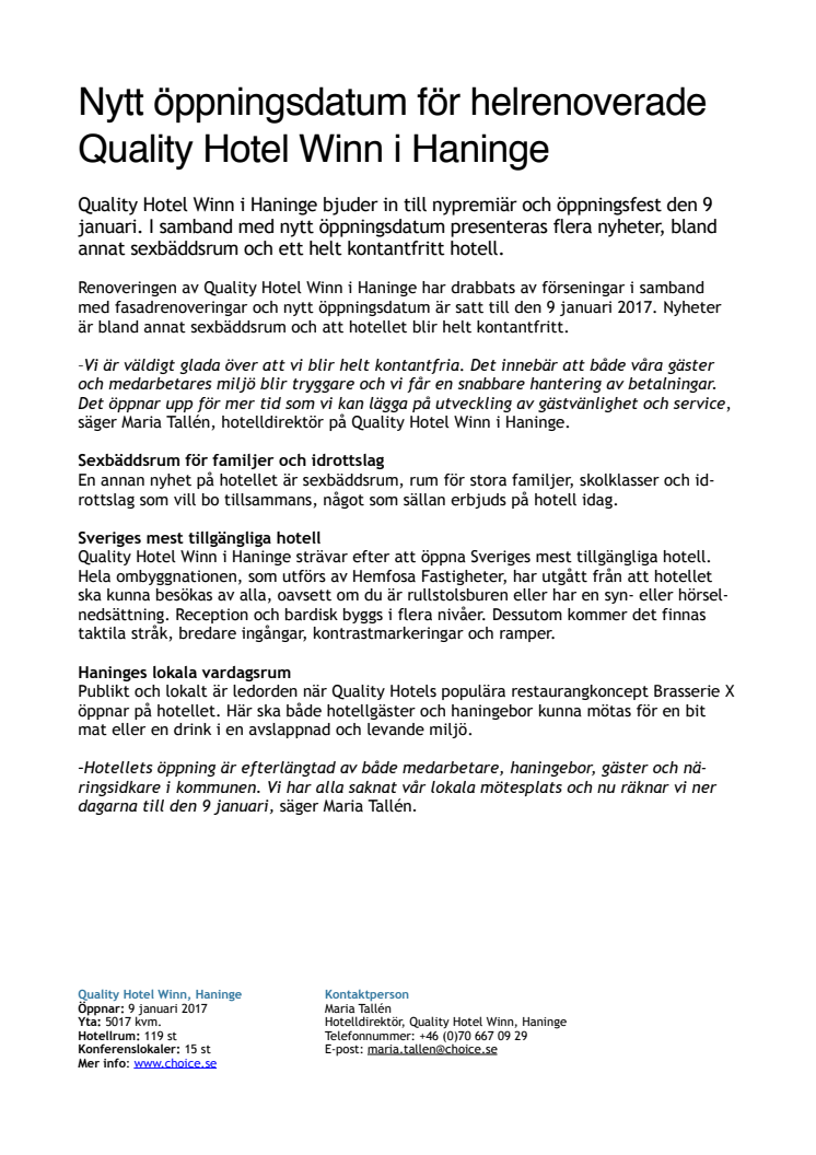 Nytt öppningsdatum för helrenoverade Quality Hotel Winn i Haninge 