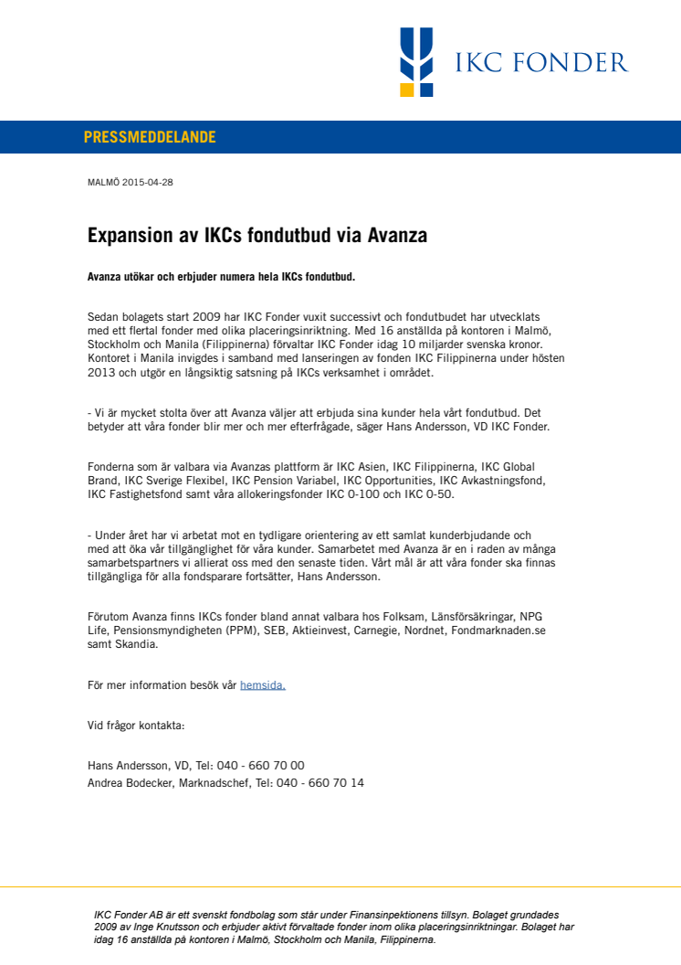 Expansion av IKCs fondutbud via Avanza