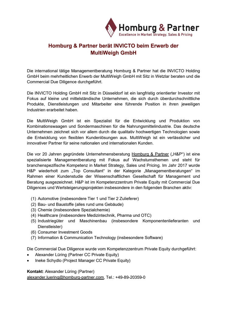 Homburg & Partner berät INVICTO beim Erwerb der MultiWeigh GmbH