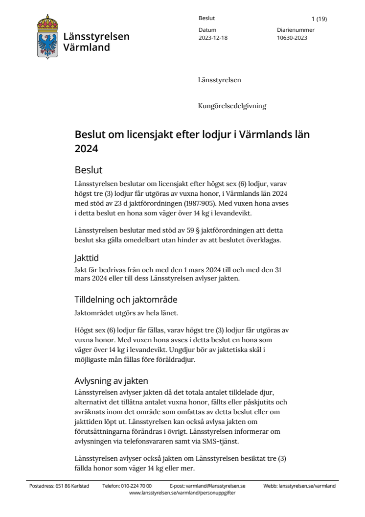 Beslut om licensjakt efter lodjur i Värmlands län 2024.pdf