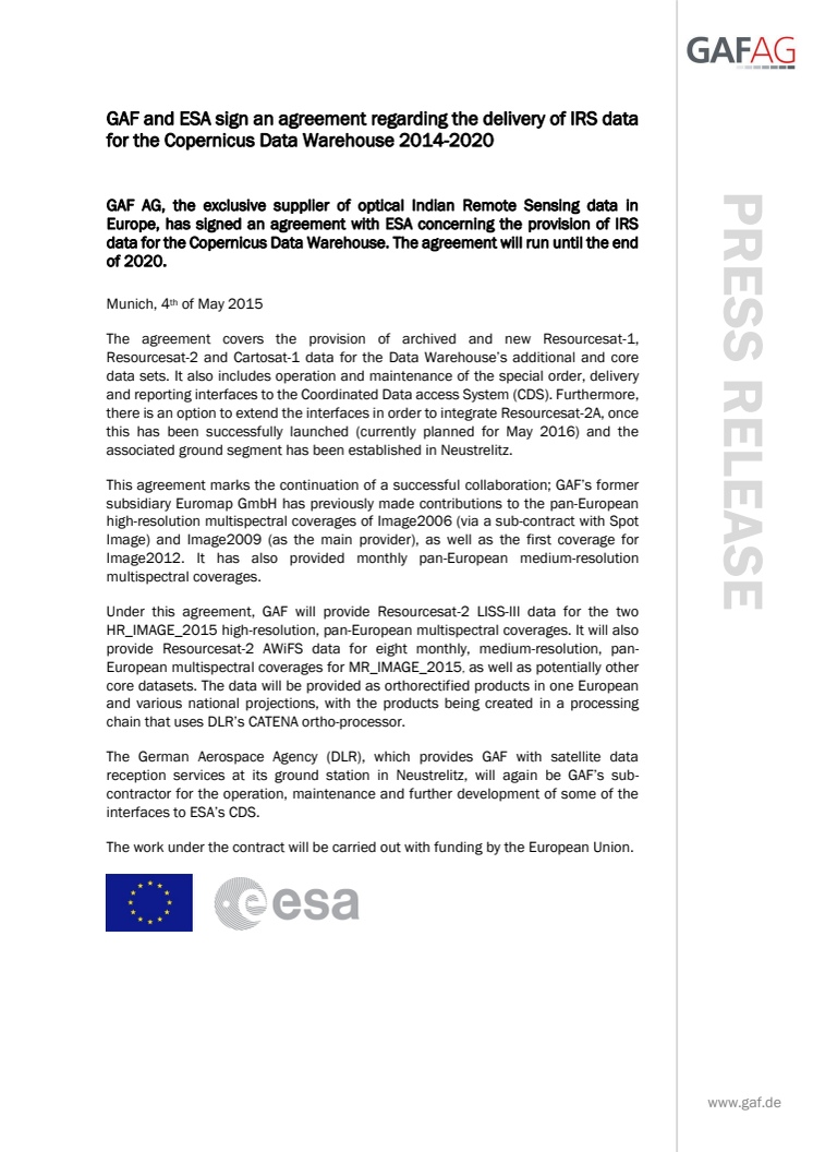 GAF and ESA sign an agreement regarding the delivery of IRS data for the Copernicus Data Warehouse 2014-2020
