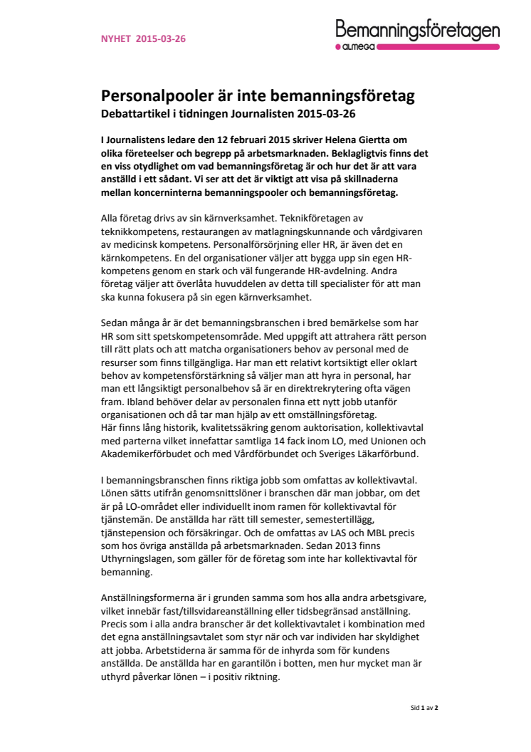Personalpooler är inte bemanningsföretag