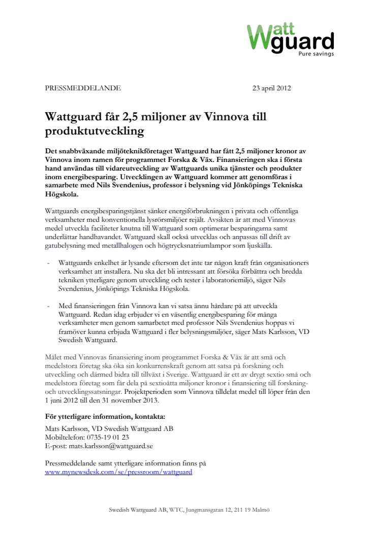 Wattguard får 2,5 miljoner av Vinnova till produktutveckling
