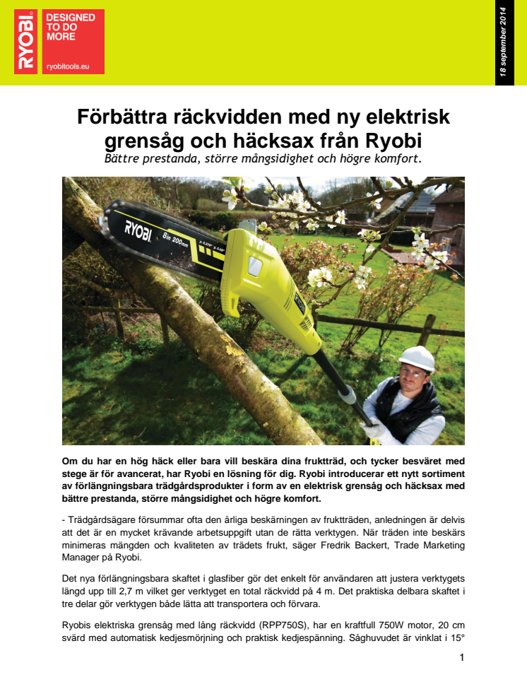 Förbättra räckvidden med ny elektrisk grensåg och häcksax från Ryobi