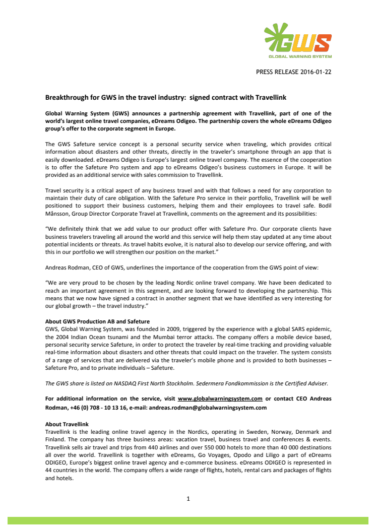 Breakthrough for GWS in the travel industry: signed contract with Travellink