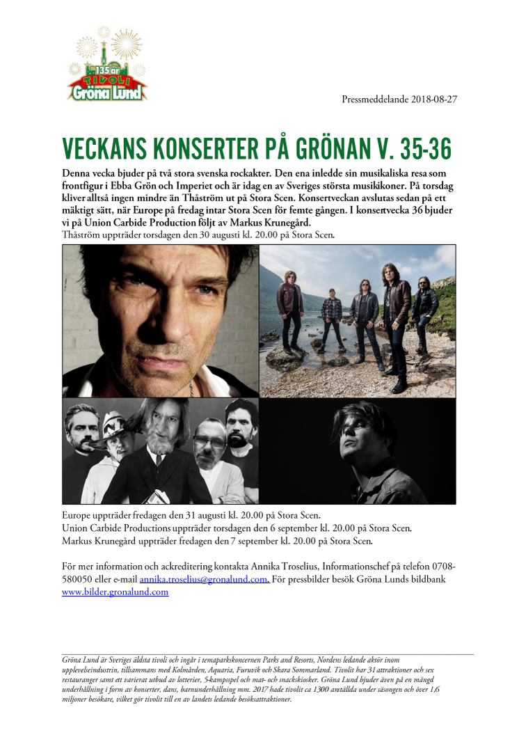 Veckans konserter på Grönan V. 35-36