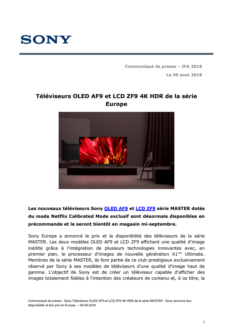 Téléviseurs OLED AF9 et LCD ZF9 4K HDR de la série Europe