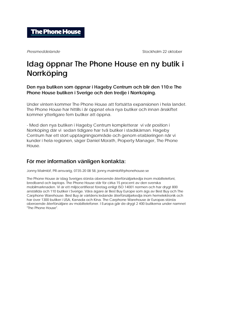 The Phone House öppnar en ny butik i Norrköping