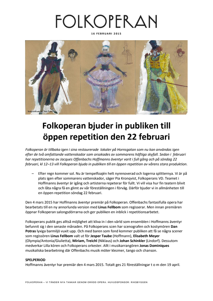 Folkoperan bjuder in publiken till  öppen repetition den 22 februari