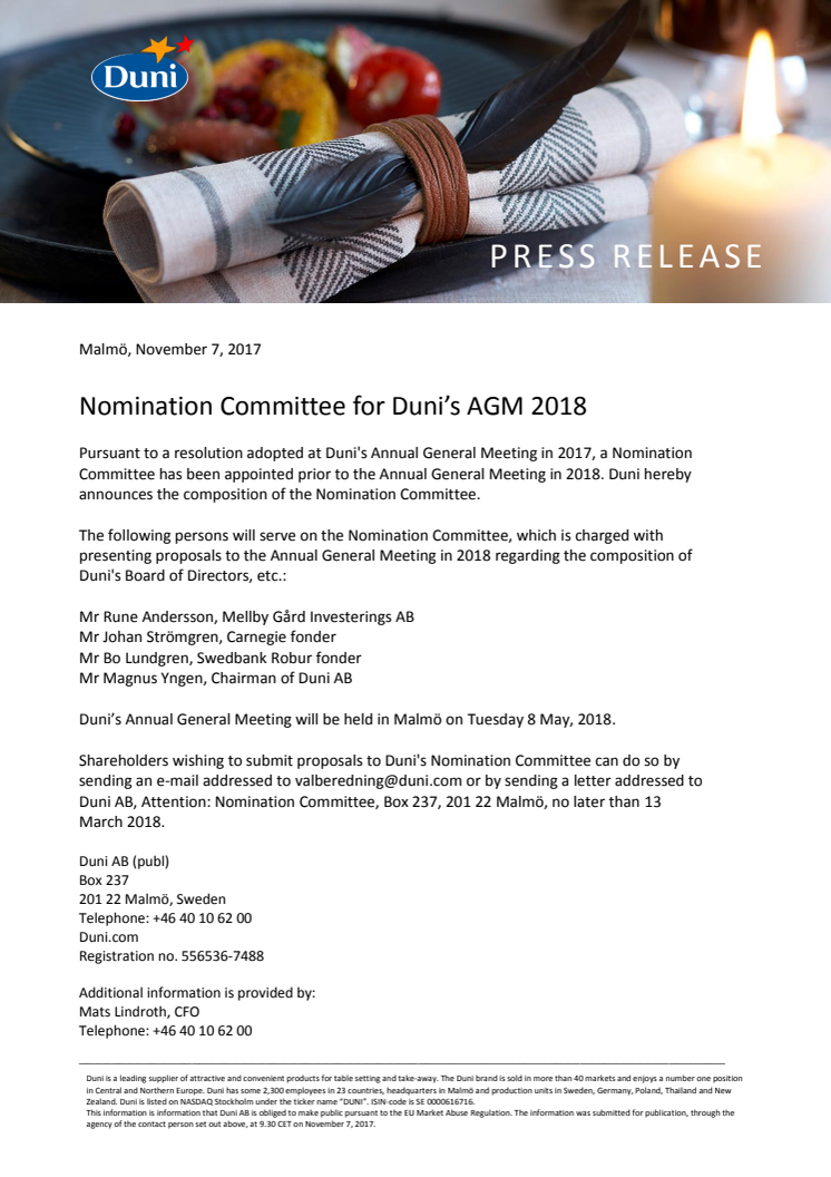 Nomination Committee for Duni’s AGM 2018