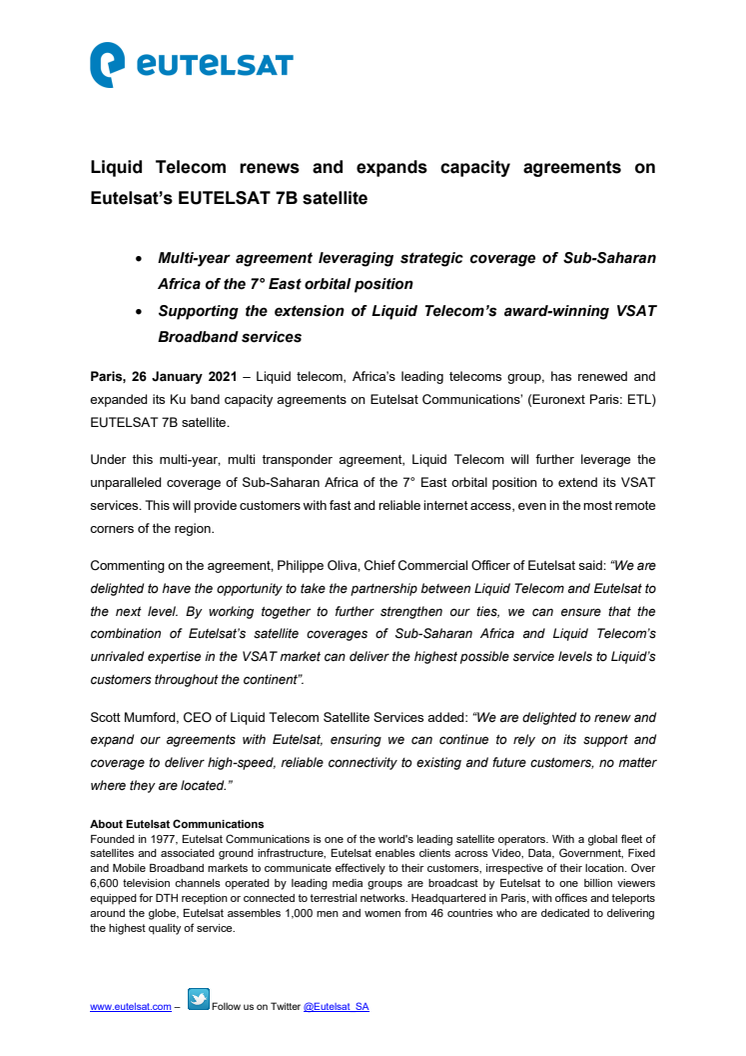 Liquid Telecom renews and expands capacity agreements on Eutelsat’s EUTELSAT 7B satellite