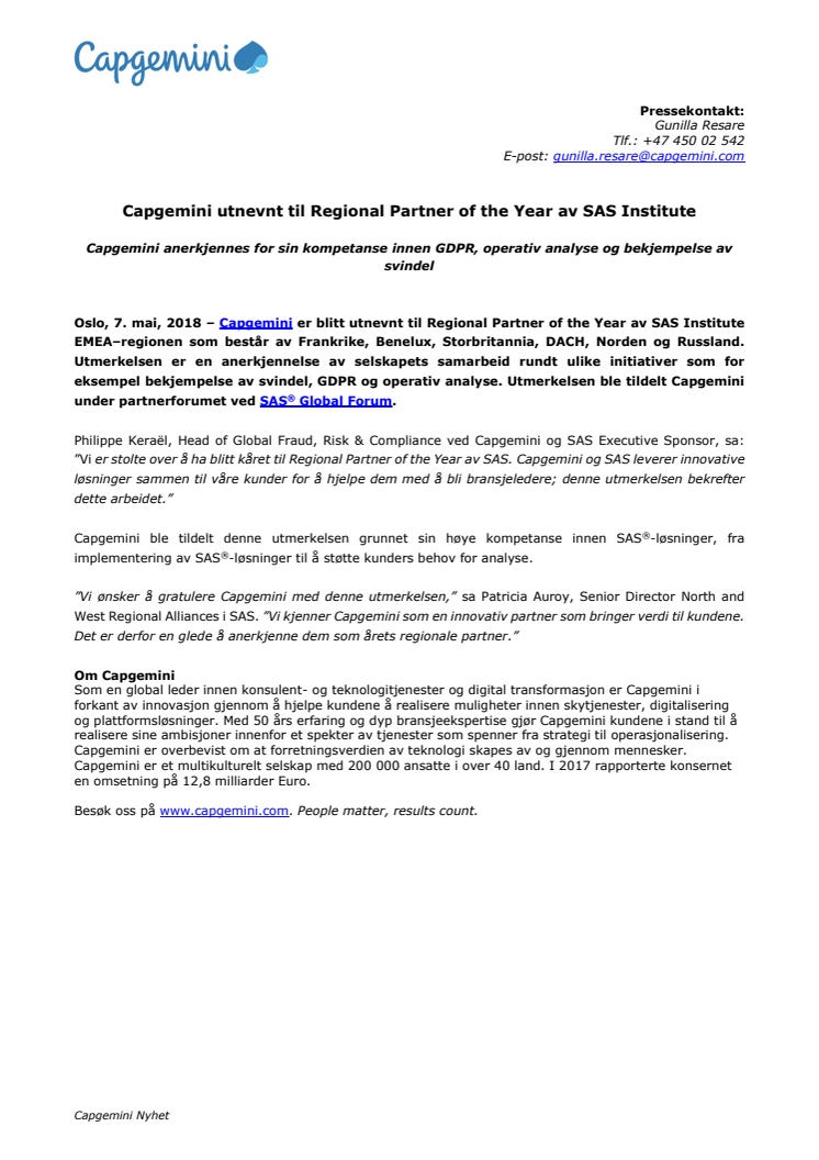 Capgemini utnevnt til Regional Partner of the Year av SAS Institute 