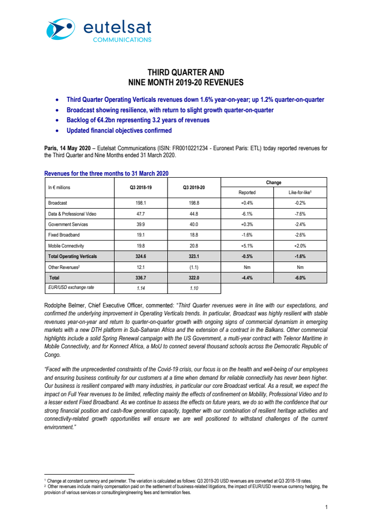 THIRD QUARTER AND NINE MONTH 2019-20 REVENUES