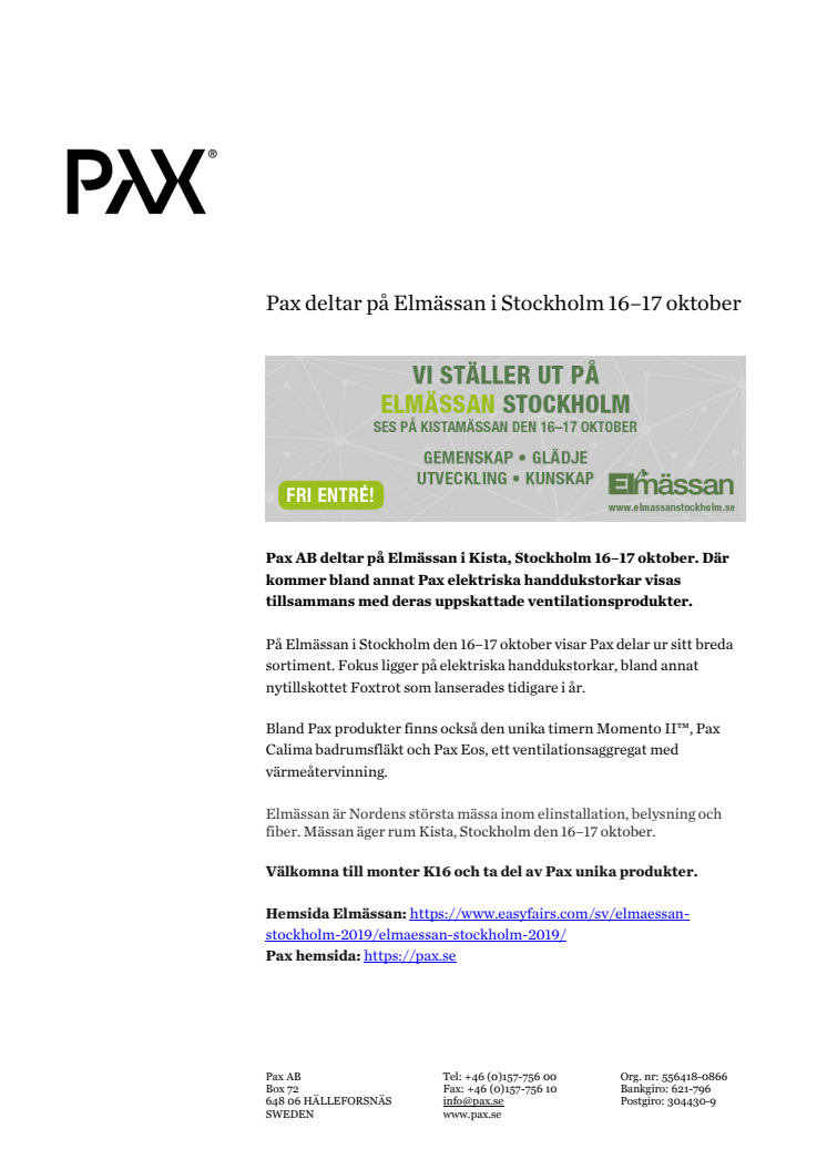 Pax deltar på Elmässan i Stockholm 16–17 oktober