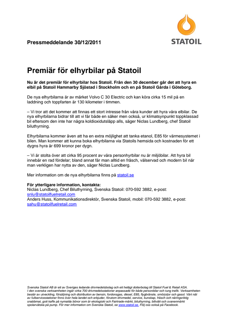 Premiär för elhyrbilar på Statoil 