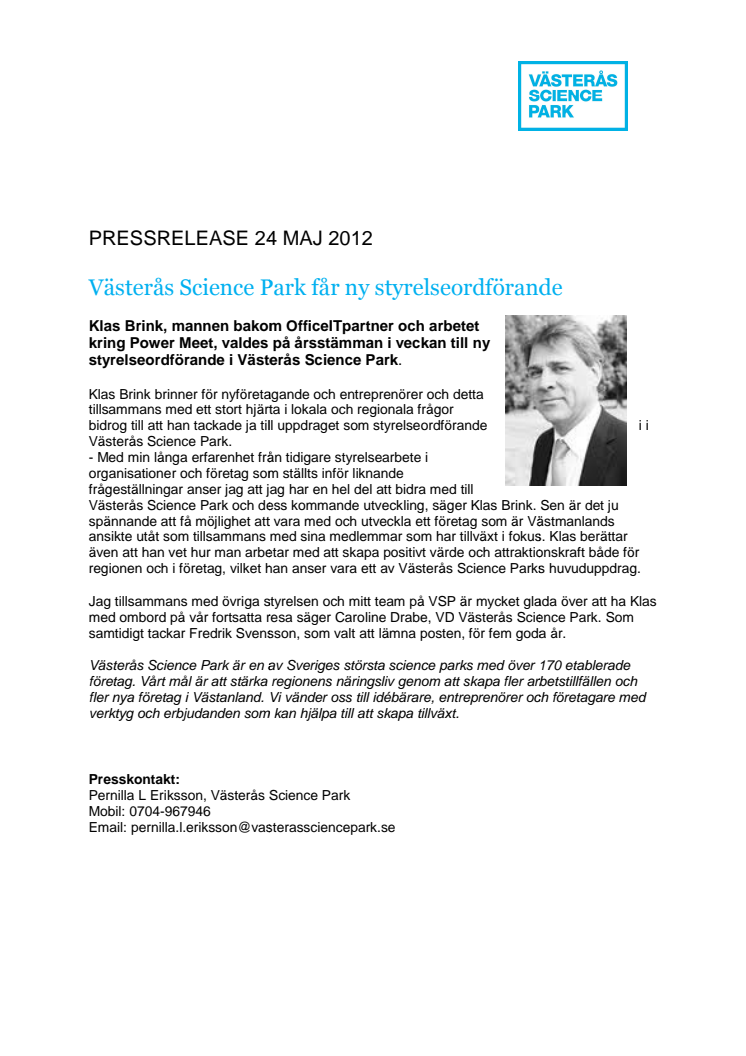 Västerås Science Park får ny styrelseordförande