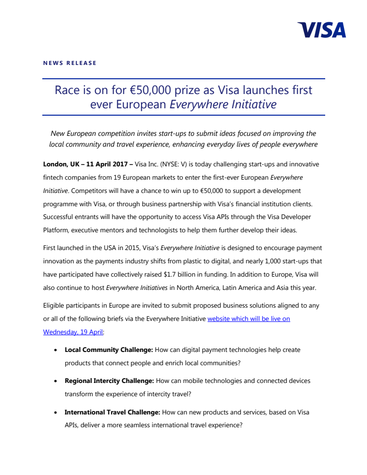 Race is on for €50,000 prize as Visa launches first ever European Everywhere Initiative 