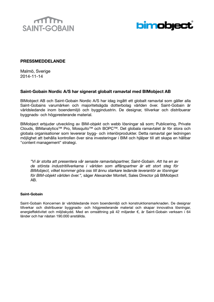 Saint-Gobain Nordic A/S har signerat globalt ramavtal med BIMobject AB