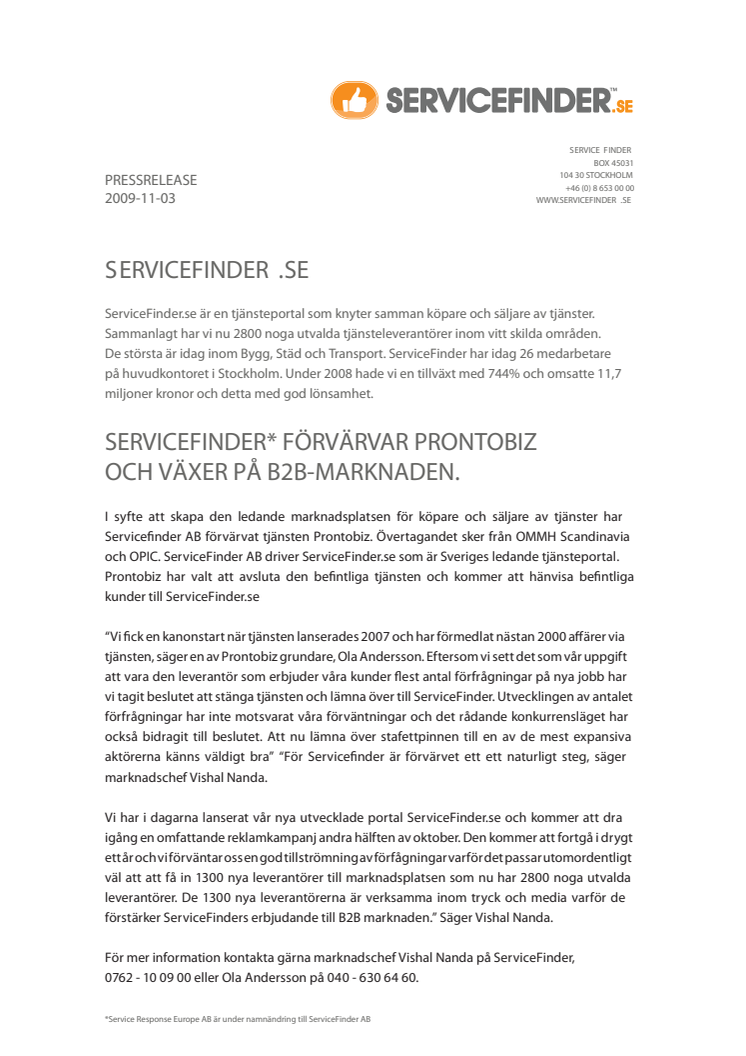 SERVICEFINDER FÖRVÄRVAR PRONTOBIZ.