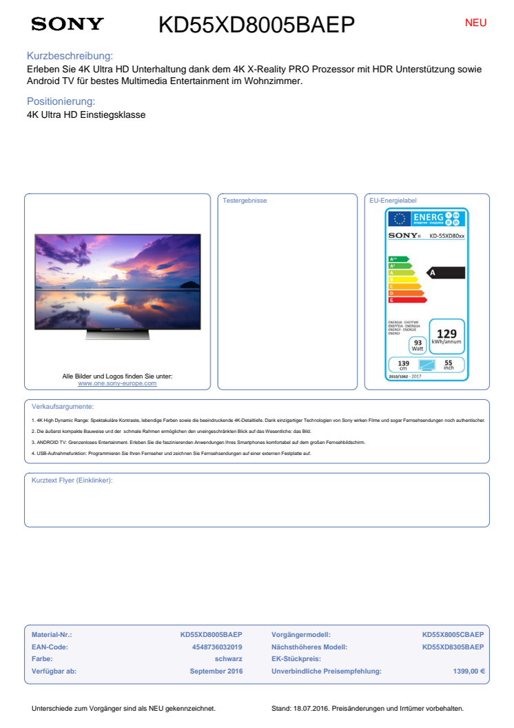 Datenblatt BRAVIA KD-55XD8005BAEP von Sony