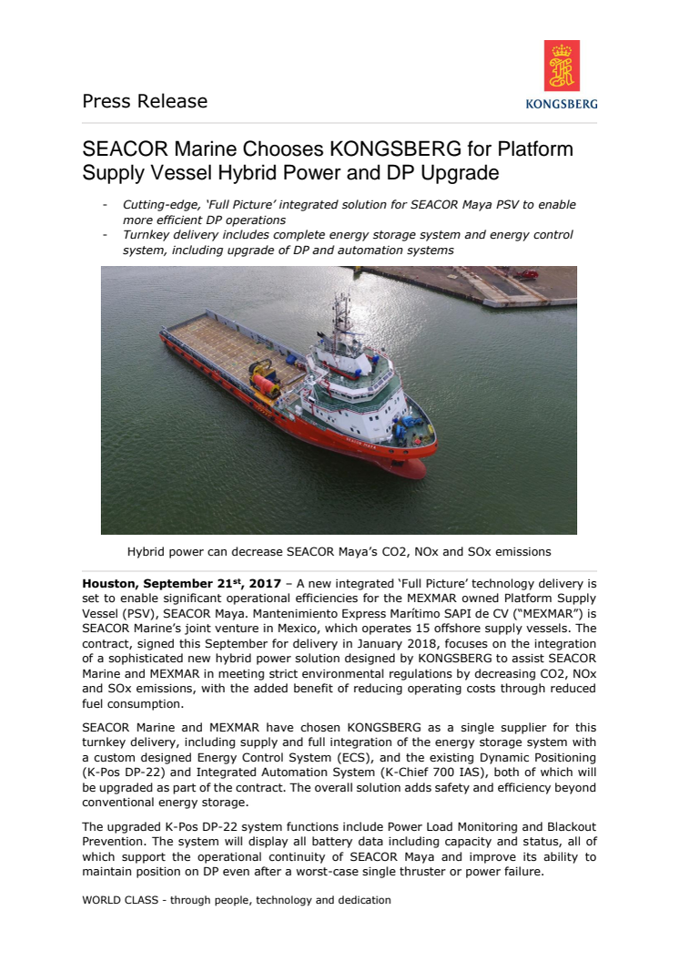 Kongsberg Maritime: SEACOR Marine Chooses KONGSBERG for Platform Supply Vessel Hybrid Power and DP Upgrade