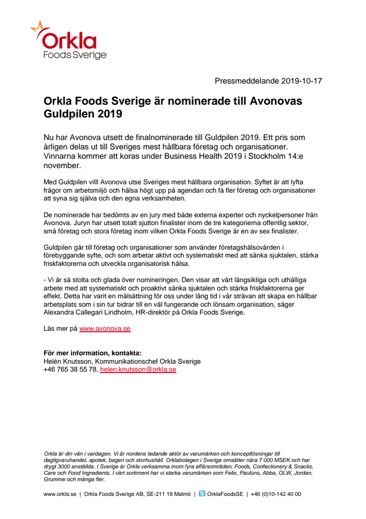 Orkla Foods Sverige är nominerade till Avonovas Guldpilen 2019