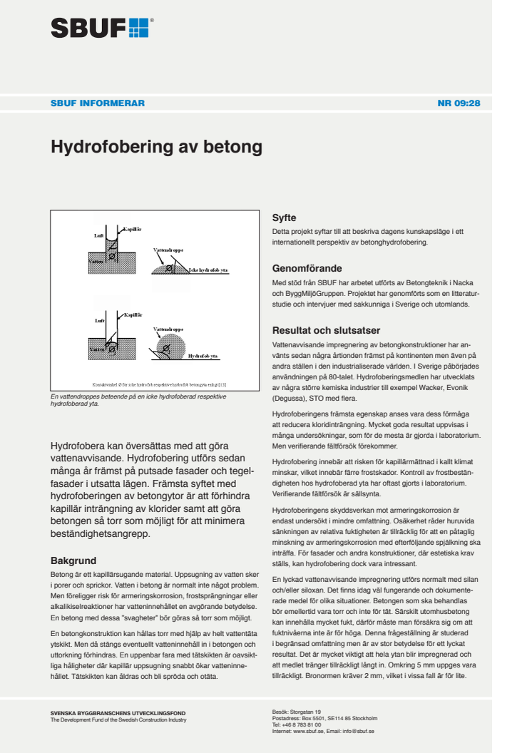 SBUF Informerar, nr. 09:28 - Hydrofobering av betong