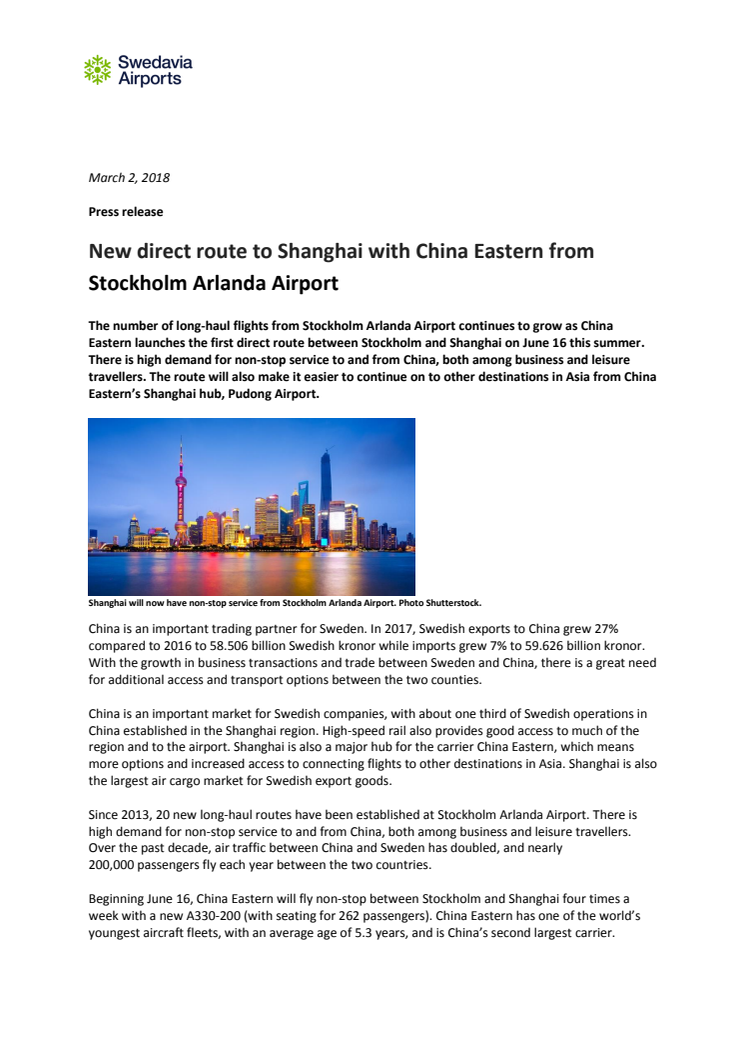 New direct route to Shanghai with China Eastern from Stockholm Arlanda Airport 