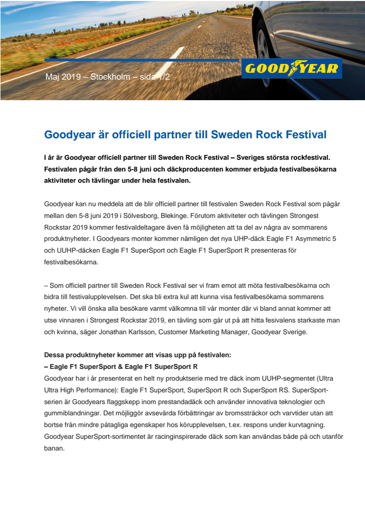 Goodyear är officiell partner till Sweden Rock Festival 