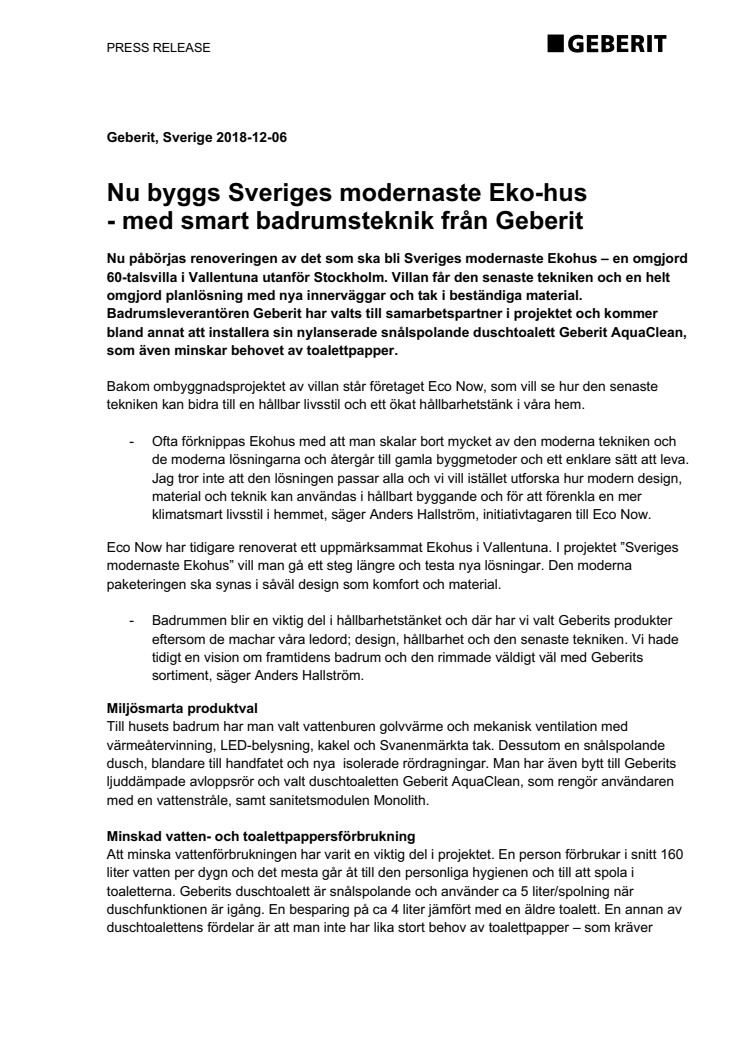 Nu byggs Sveriges modernaste Ekohus  - med smart badrumsteknik från Geberit  