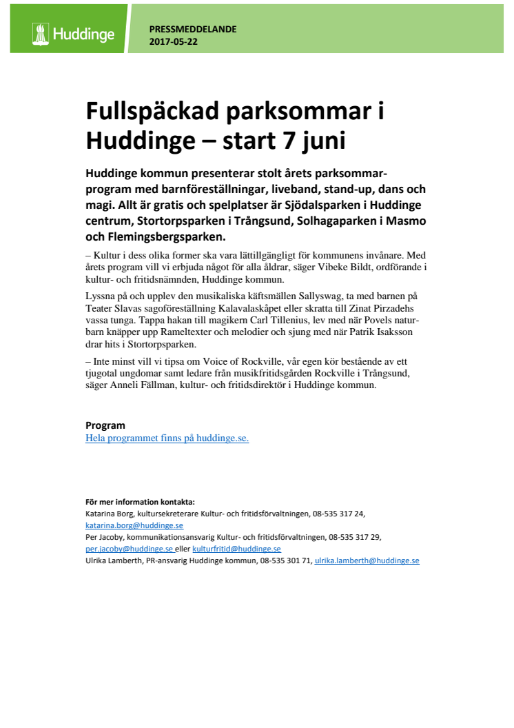 Fullspäckad parksommar i Huddinge – start 7 juni