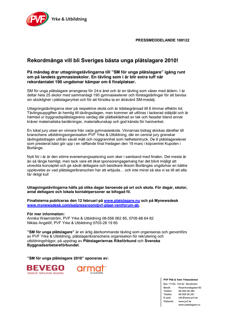Rekordmånga vill bli Sveriges bästa unga plåtslagare 2010!