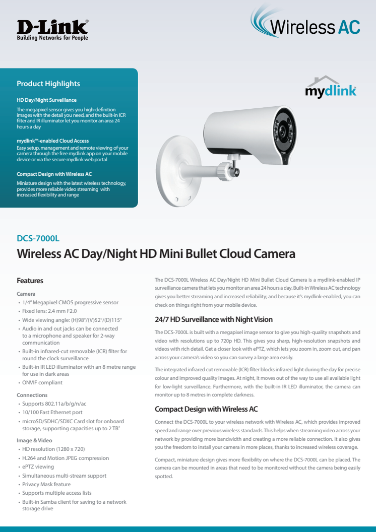 Produktblad - D-Link Wireless AC Day/Night HD Mini Bullet Cloud Camera (DCS-7000L)