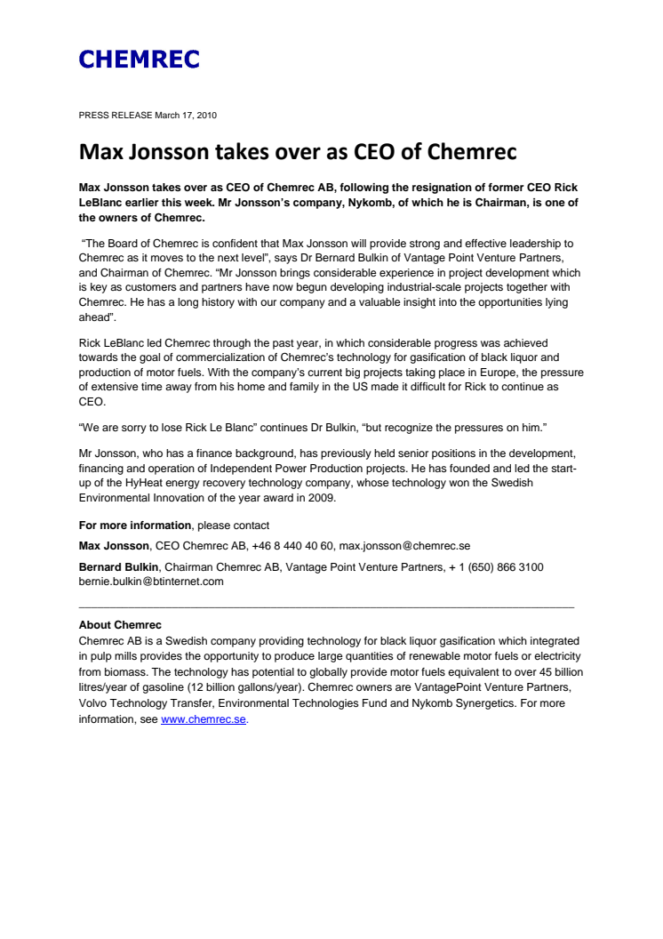 Max Jonsson takes over as CEO of Chemrec