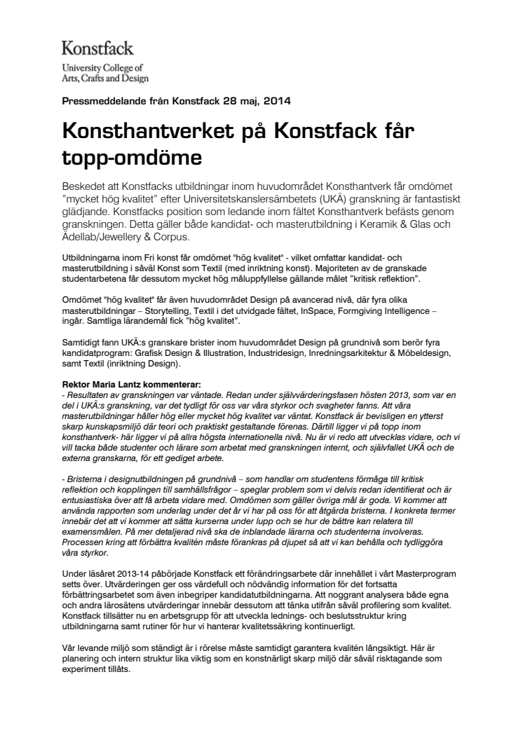 Konsthantverket på Konstfack får topp-omdöme