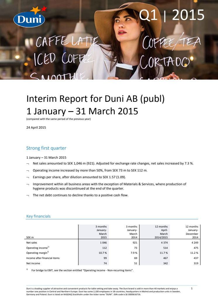 ​Interim Report for Duni AB (publ) 1 January – 31 March 2015