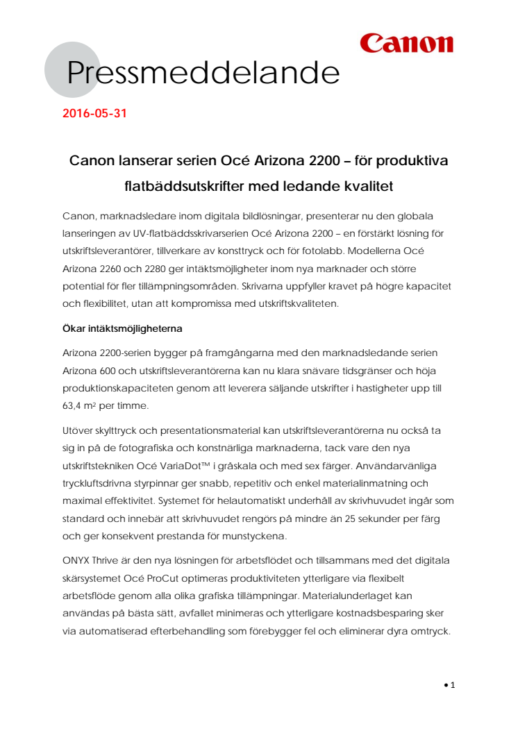 Canon lanserar serien Océ Arizona 2200 – för produktiva flatbäddsutskrifter med ledande kvalitet