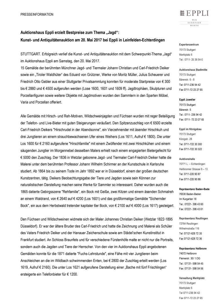 Auktionshaus Eppli erzielt Bestpreise zum Thema „Jagd“