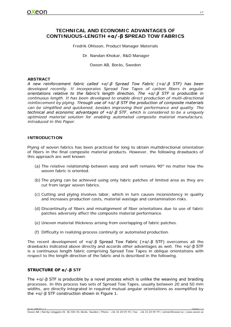 Paper -Technical and economic advantages of continuous length +α -β Spread Tow Fabrics