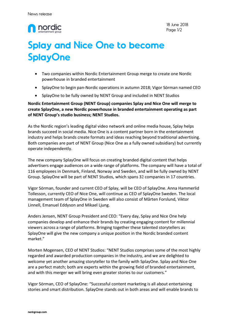 Splay and Nice One to become SplayOne